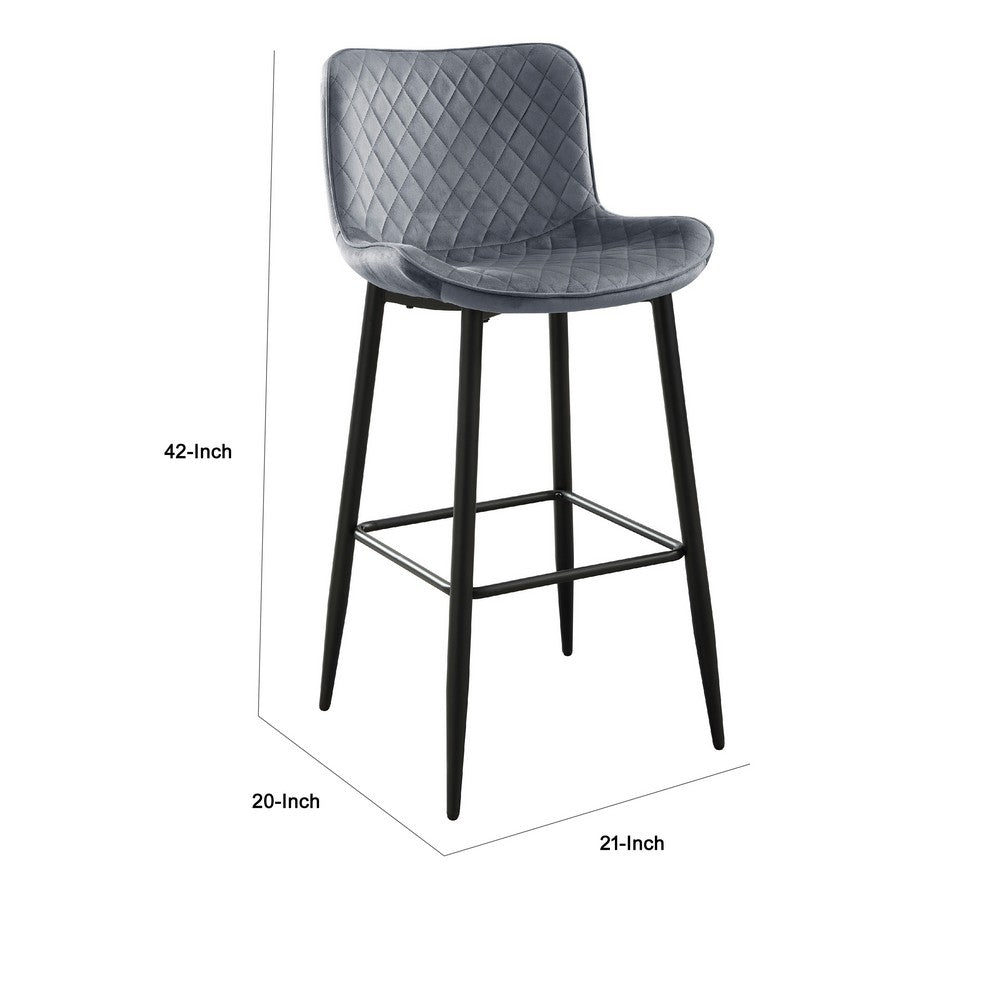 Benjara Aniya Bar Stool Chair Set of 2, Black Metal Legs, Dark Gray Velvet