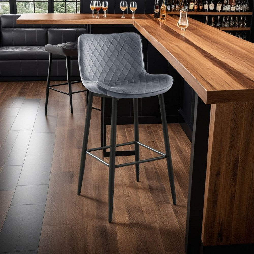 Benjara Aniya Bar Stool Chair Set of 2, Black Metal Legs, Dark Gray Velvet
