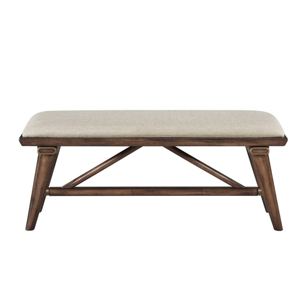 Benjara Manny Bench with Brown Angled Legs, Cream Textured Polyester, 47 Inch