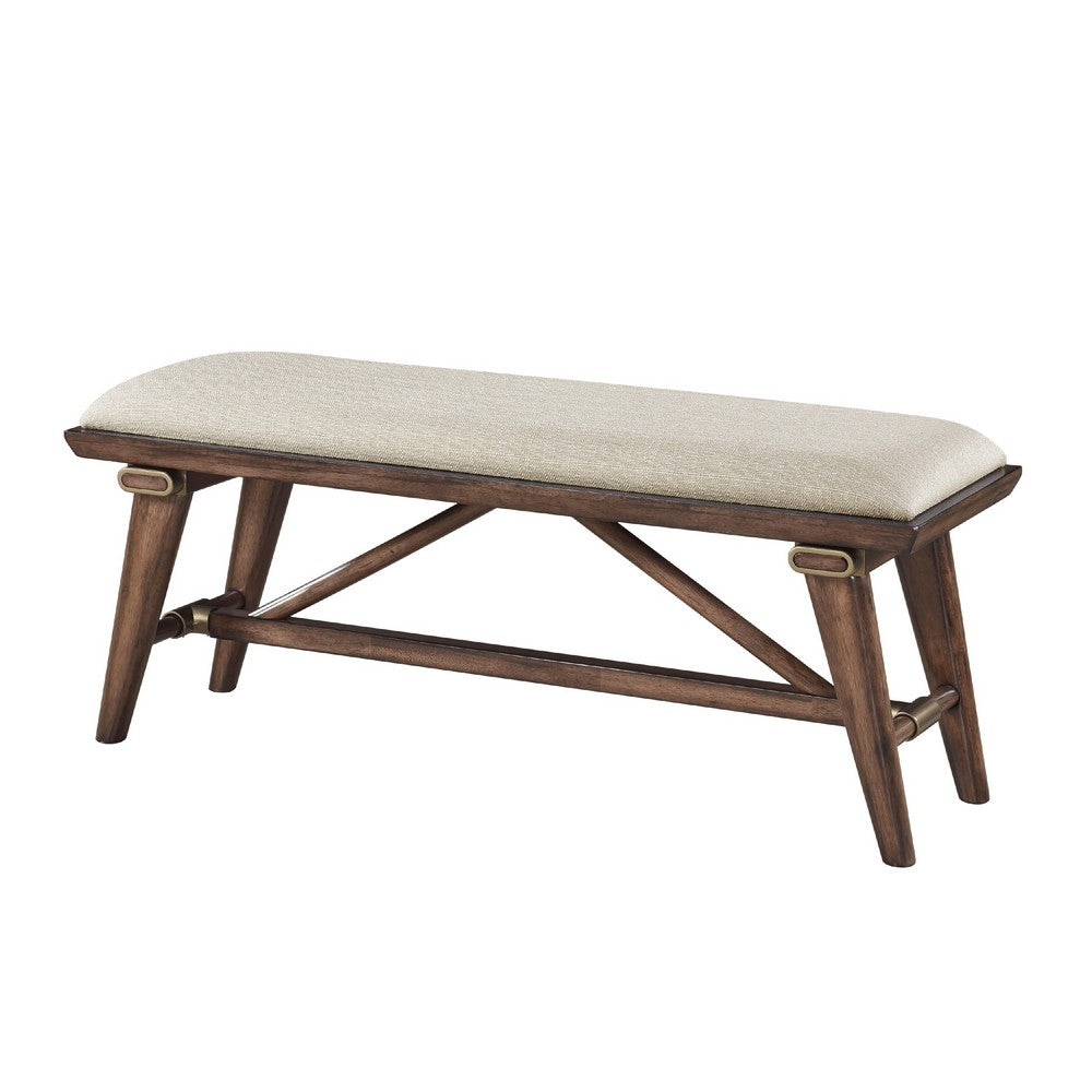 Benjara Manny Bench with Brown Angled Legs, Cream Textured Polyester, 47 Inch