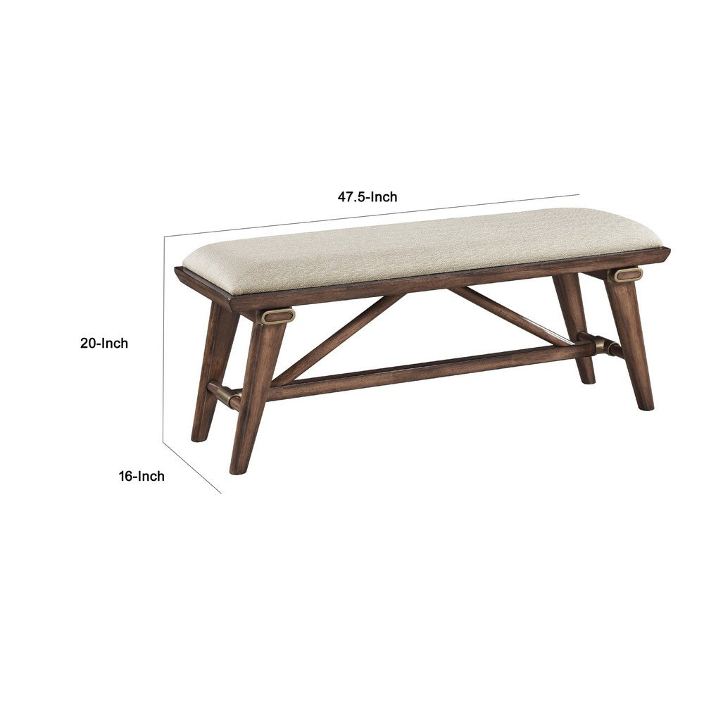 Benjara Manny Bench with Brown Angled Legs, Cream Textured Polyester, 47 Inch