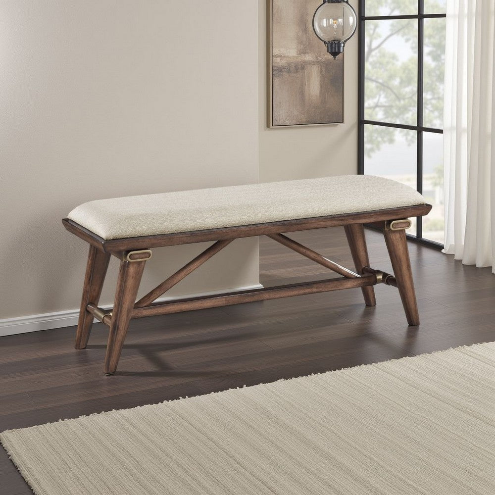 Benjara Manny Bench with Brown Angled Legs, Cream Textured Polyester, 47 Inch