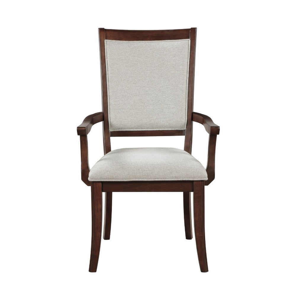 Benjara Jenie Armchair Set of 2, Dark Walnut Inlay Cherry Wood, Beige Fabric