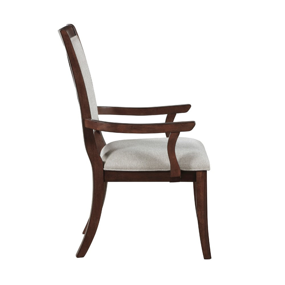 Benjara Jenie Armchair Set of 2, Dark Walnut Inlay Cherry Wood, Beige Fabric