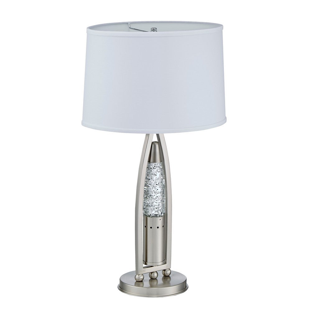 Benjara Danie Table Lamp, 4 Way Switch, Clear Glass Tube, Silver Metal 28 Inch
