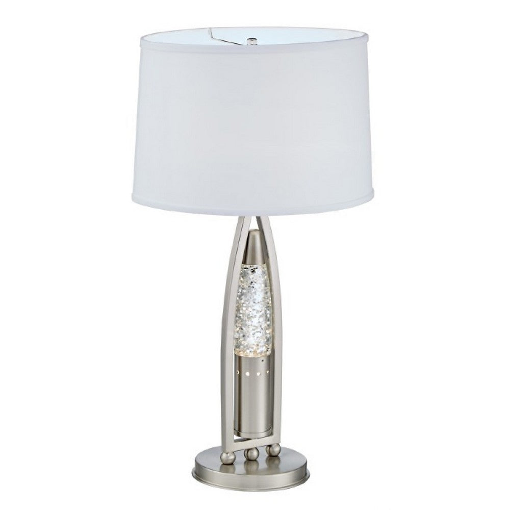 Benjara Danie Table Lamp, 4 Way Switch, Clear Glass Tube, Silver Metal 28 Inch