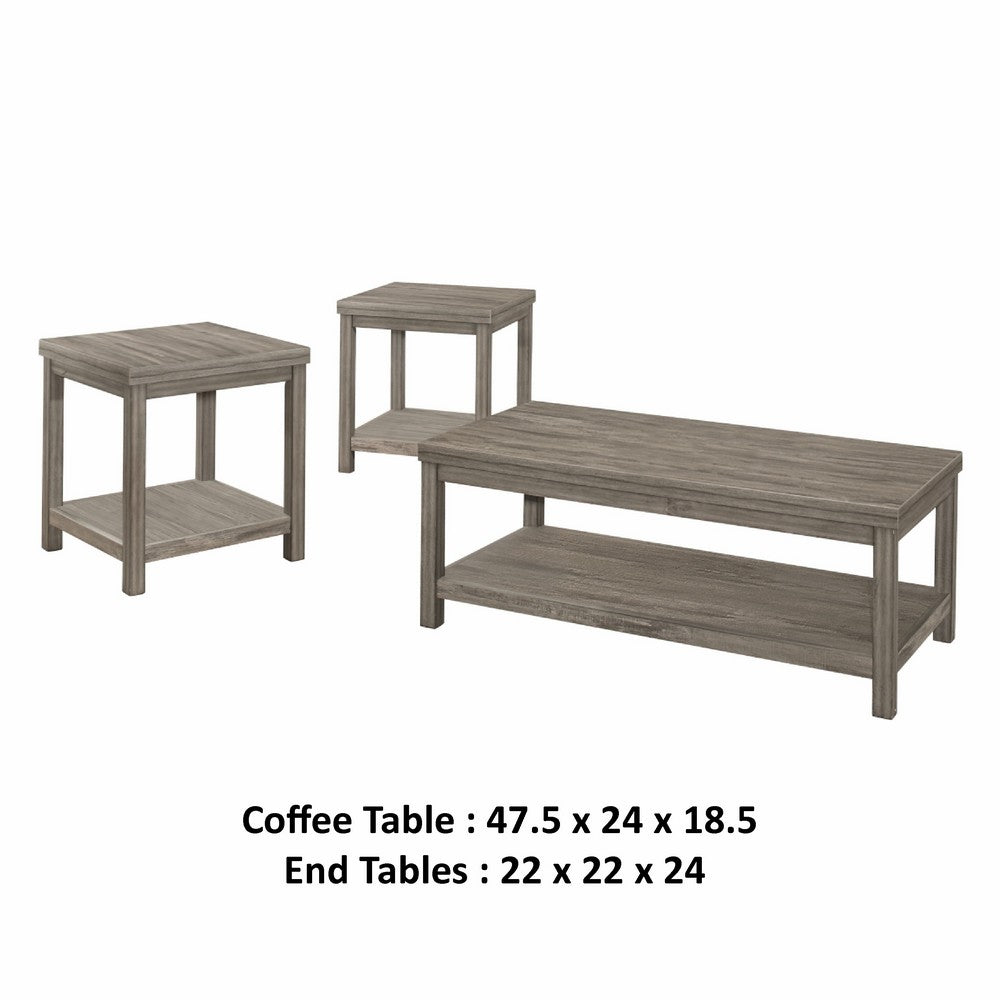 Benjara Rie 3pc Coffee Table Set with 2 End Tables, Lower Shelves, Gray Wood