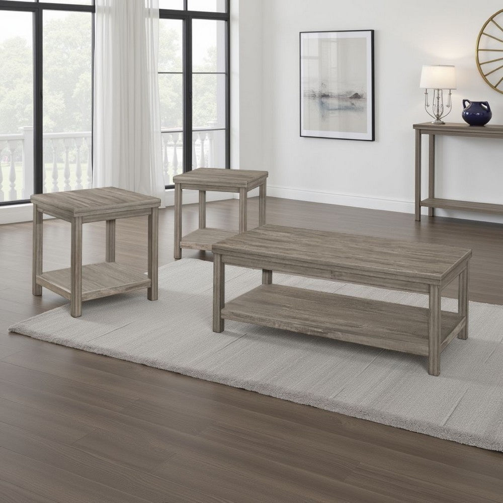 Benjara Rie 3pc Coffee Table Set with 2 End Tables, Lower Shelves, Gray Wood