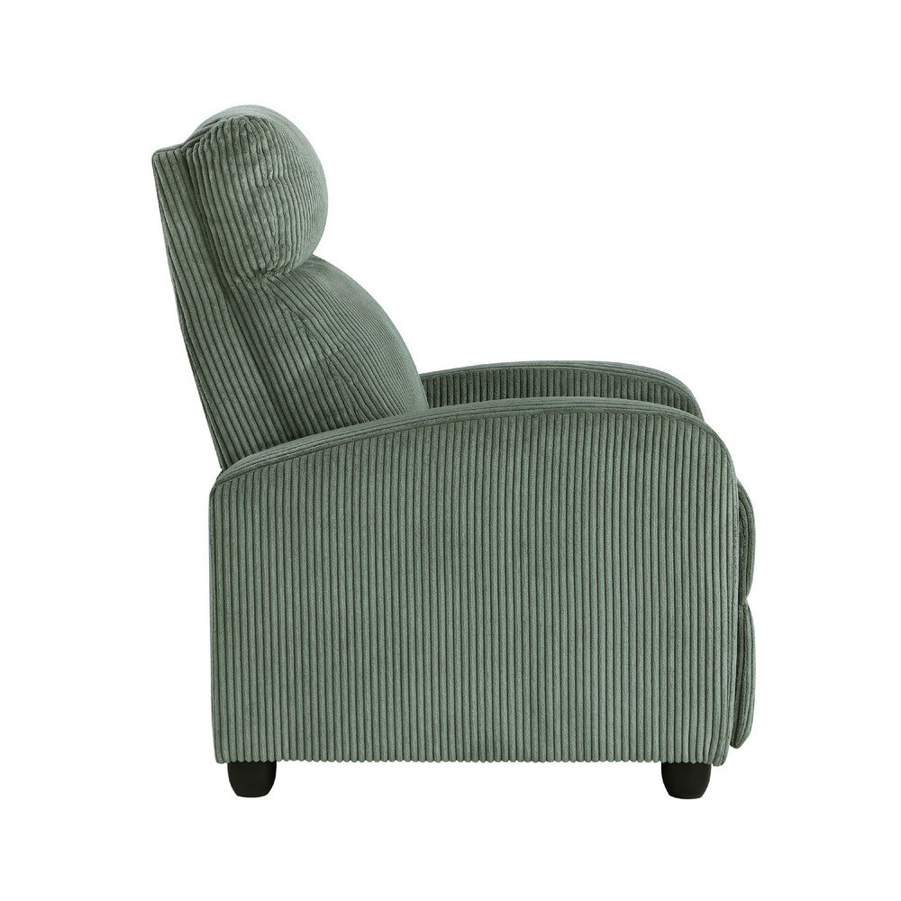 Benjara Pary Manual Push Back Reclining Chair with Green Ribbed Corduroy