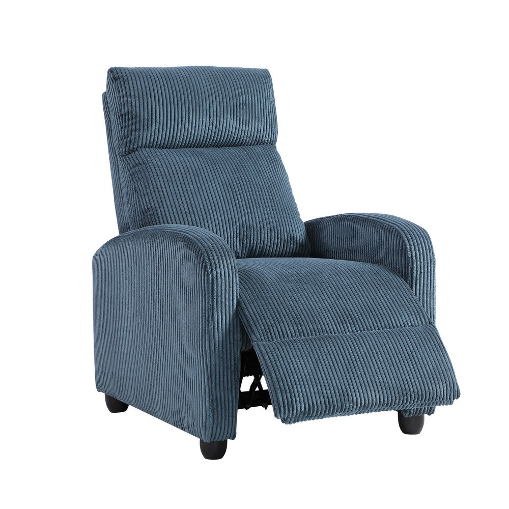 Benjara Pary Manual Push Back Reclining Chair with Midnight Blue Corduroy