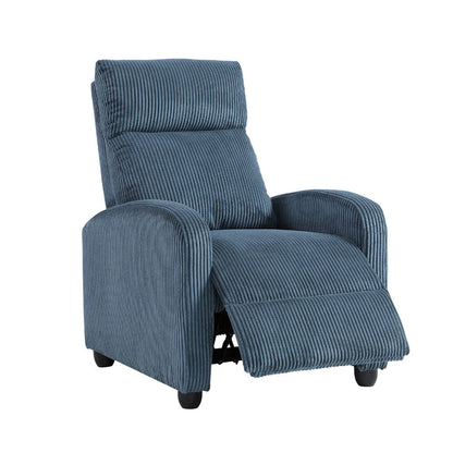 Benjara Pary Manual Push Back Reclining Chair with Midnight Blue Corduroy