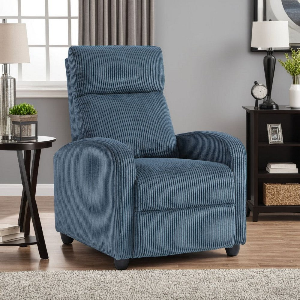 Benjara Pary Manual Push Back Reclining Chair with Midnight Blue Corduroy