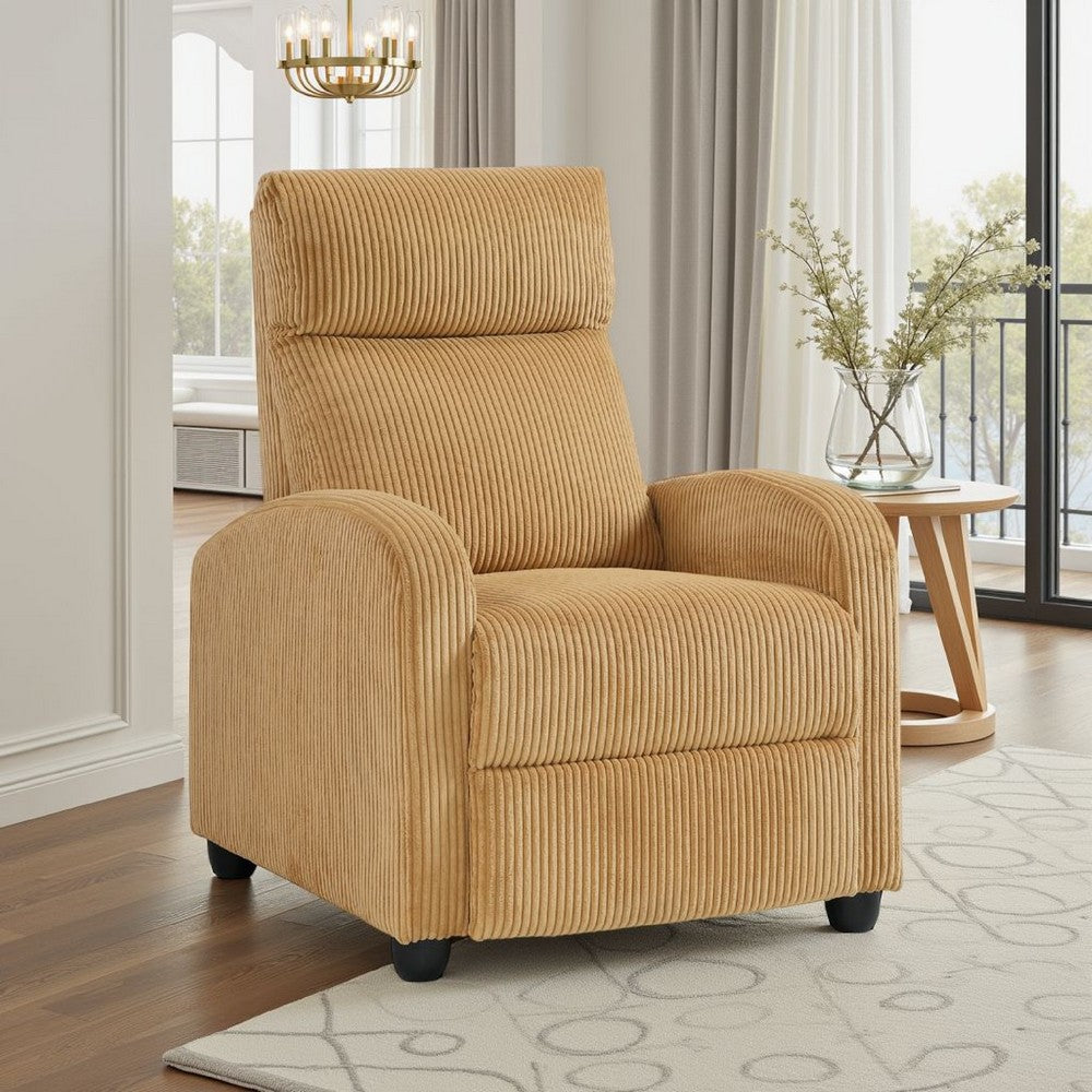 Benjara Pary Manual Push Back Reclining Chair with Yellow Ribbed Corduroy