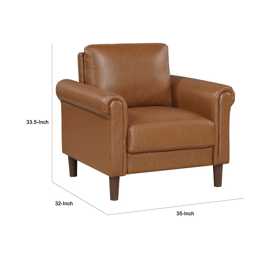 Benjara Lo Accent Armchair w Rolled Arms, Mid Century Brown Faux Leather