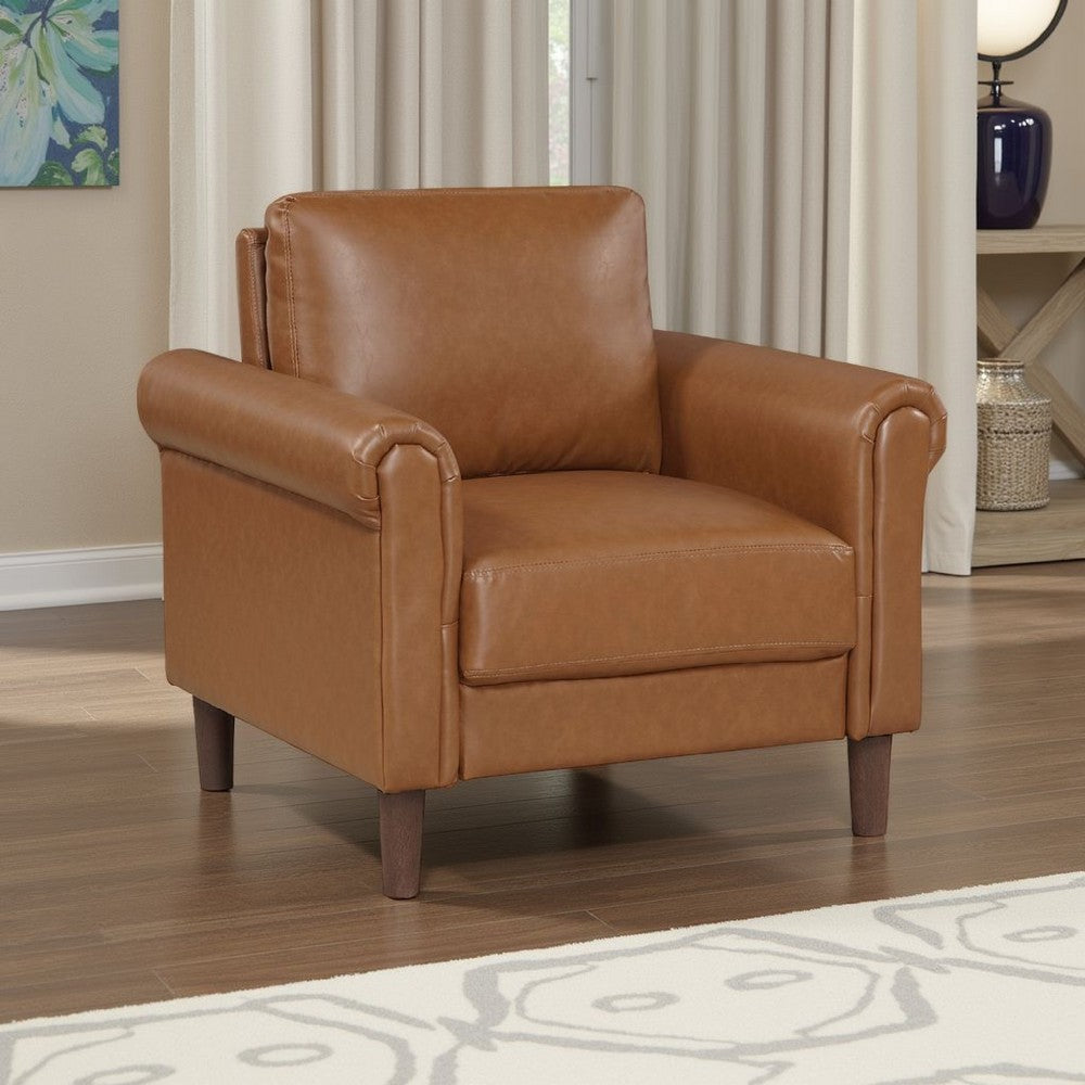Benjara Lo Accent Armchair w Rolled Arms, Mid Century Brown Faux Leather