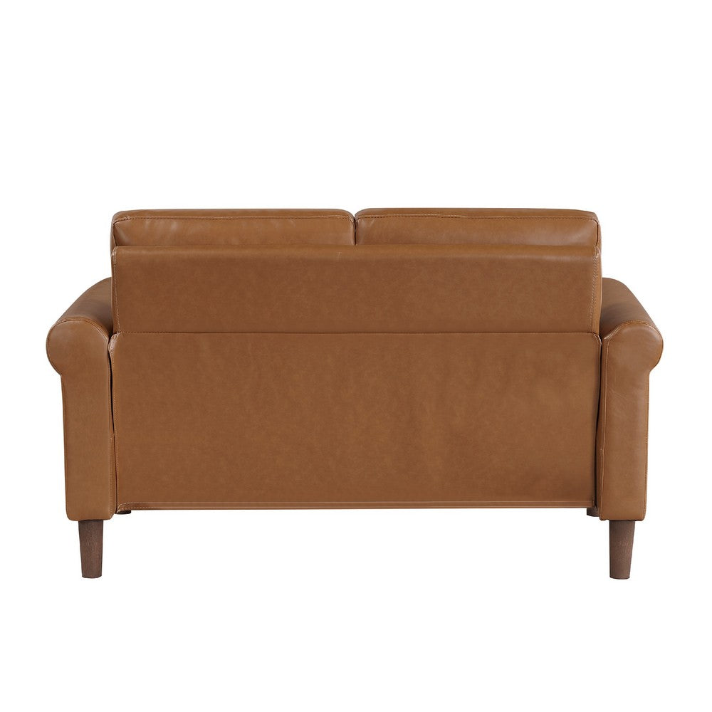 Benjara Lo Loveseat w Rolled Arms, Mid Century Brown Faux Leather 57 Inch