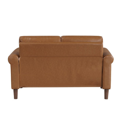 Benjara Lo Loveseat w Rolled Arms, Mid Century Brown Faux Leather 57 Inch