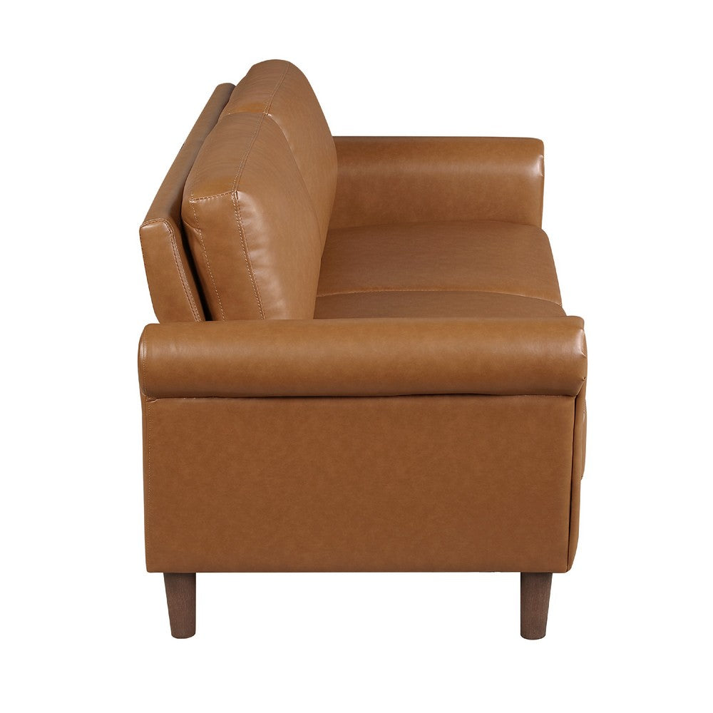 Benjara Lo Loveseat w Rolled Arms, Mid Century Brown Faux Leather 57 Inch