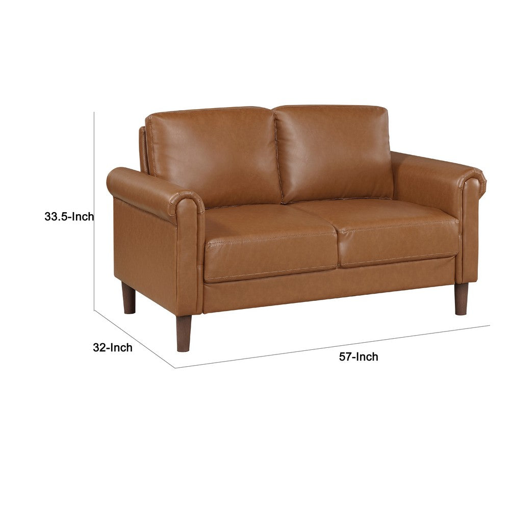 Benjara Lo Loveseat w Rolled Arms, Mid Century Brown Faux Leather 57 Inch