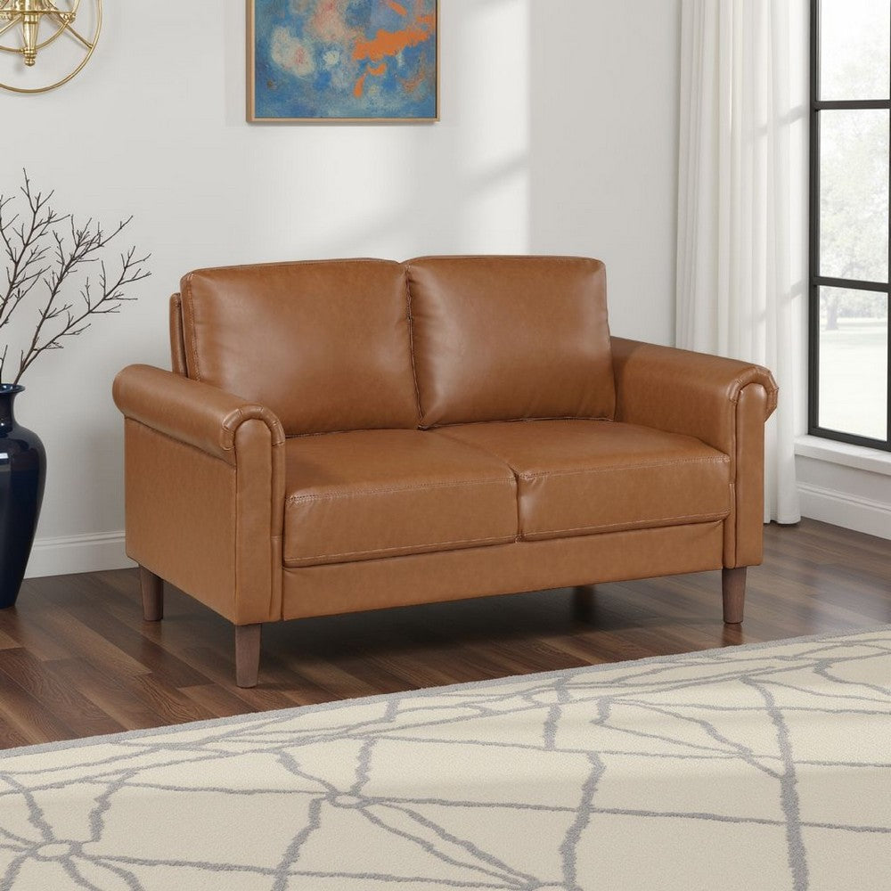 Benjara Lo Loveseat w Rolled Arms, Mid Century Brown Faux Leather 57 Inch