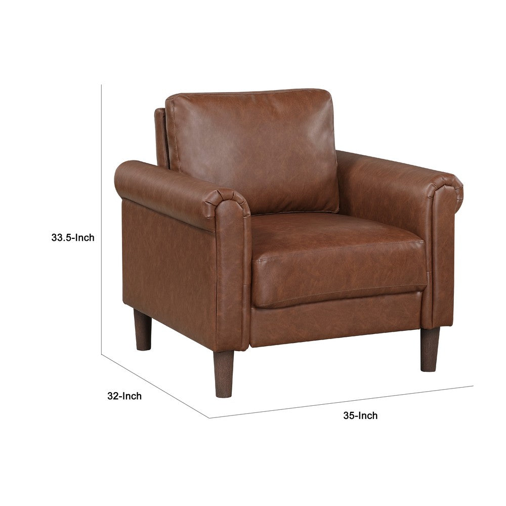 Benjara Lo Accent Chair w Rolled Arms, Mid Century Dark Brown Faux Leather