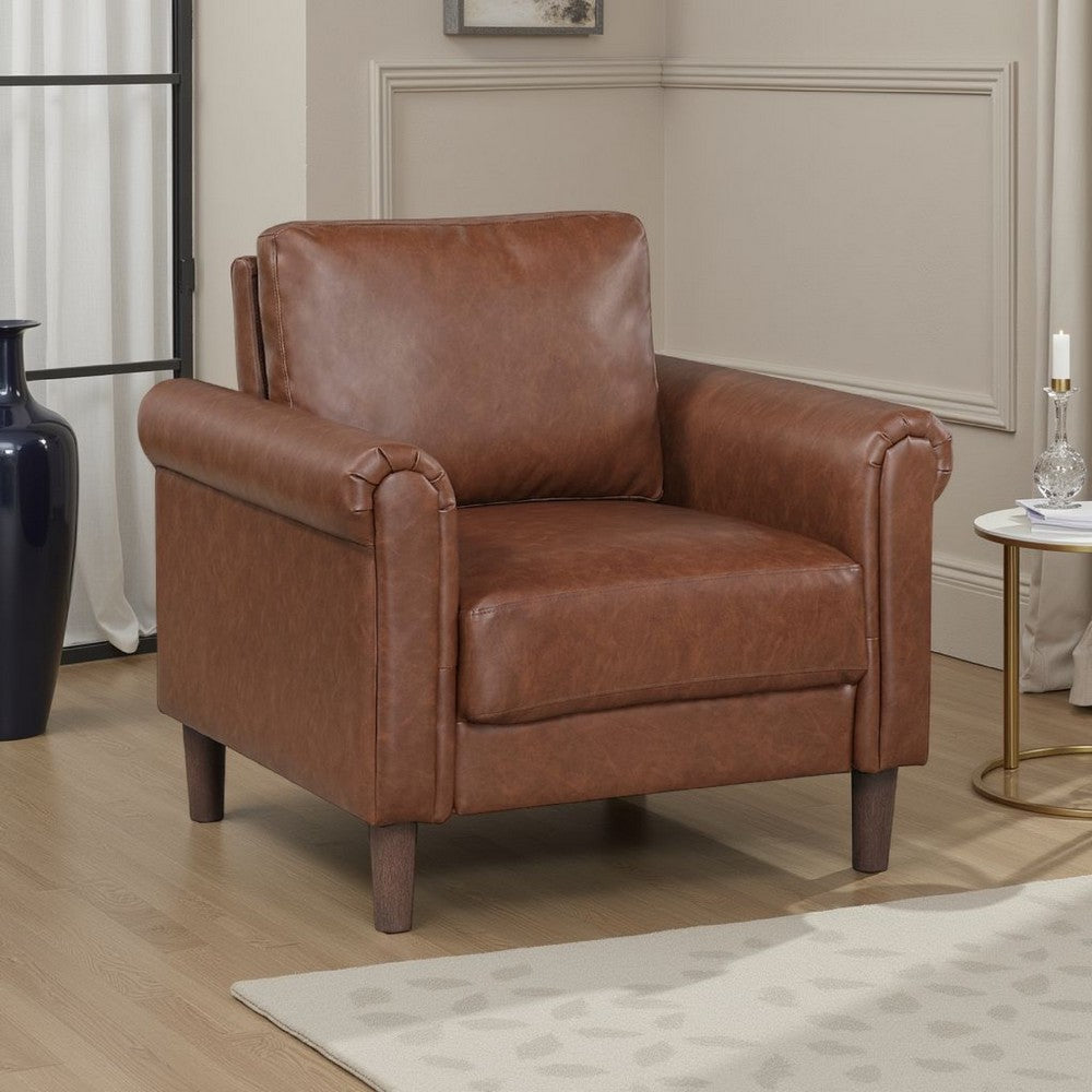 Benjara Lo Accent Chair w Rolled Arms, Mid Century Dark Brown Faux Leather