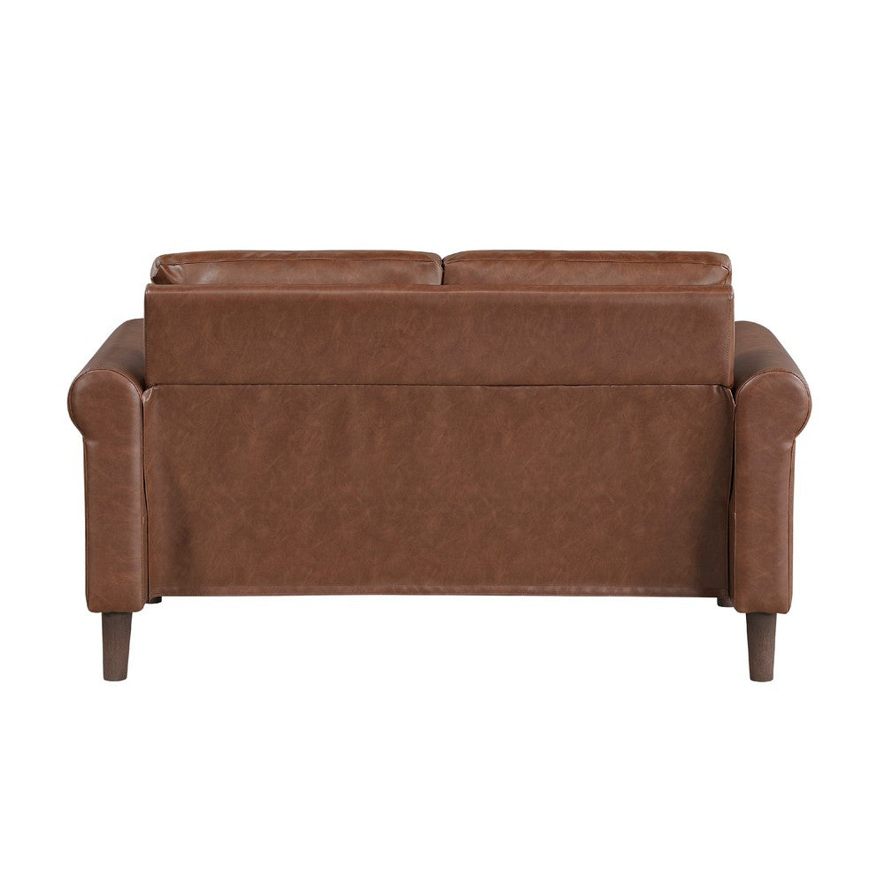 Benjara Lo Loveseat w Rolled Arms, Mid Century Dark Brown Faux Leather 57 Inch