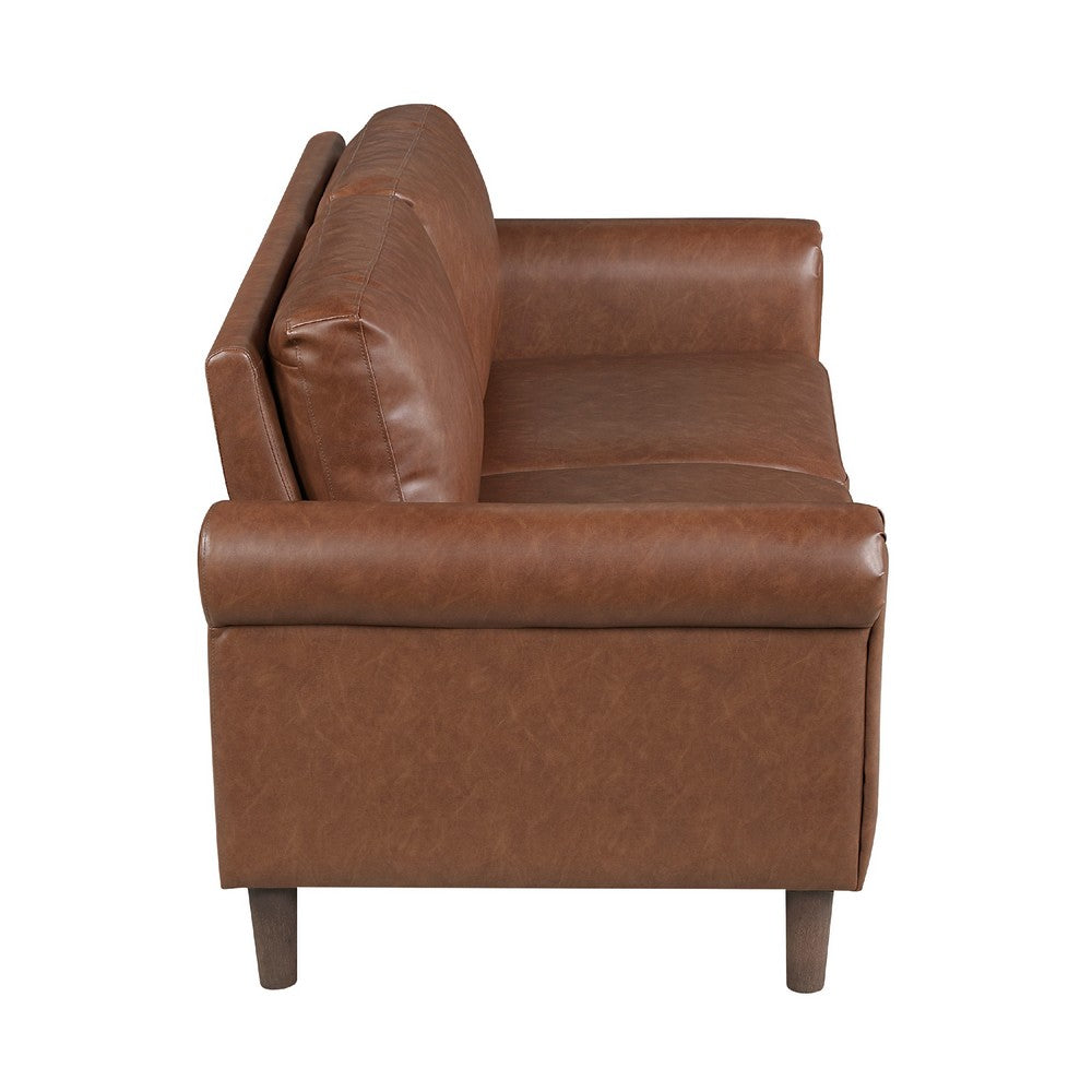 Benjara Lo Loveseat w Rolled Arms, Mid Century Dark Brown Faux Leather 57 Inch