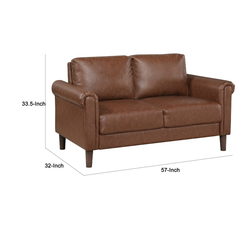 Benjara Lo Loveseat w Rolled Arms, Mid Century Dark Brown Faux Leather 57 Inch