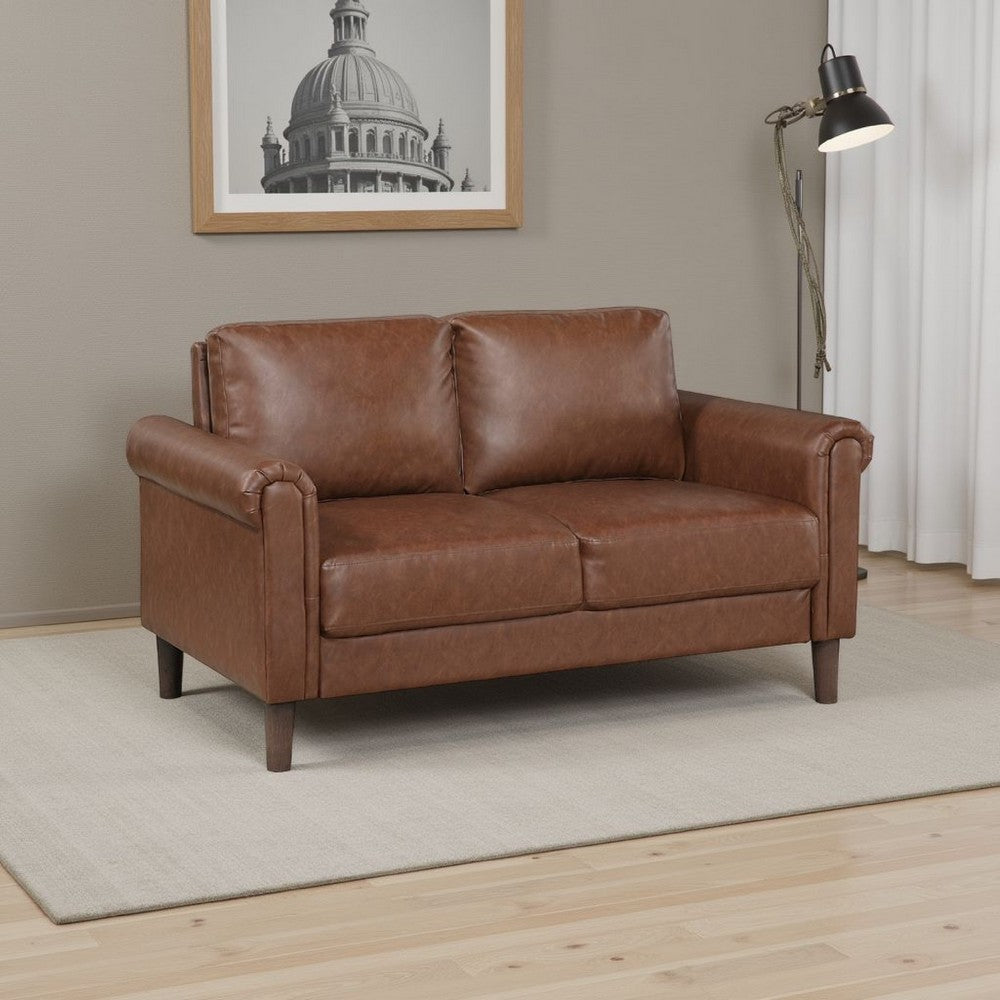 Benjara Lo Loveseat w Rolled Arms, Mid Century Dark Brown Faux Leather 57 Inch