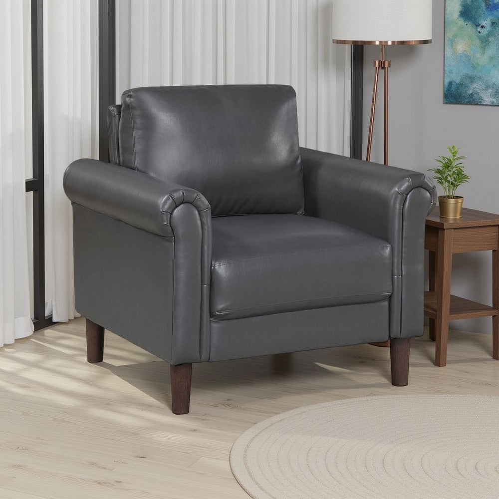 Benjara Lo Accent Chair w Rolled Arms, Midcentury Dark Gray Faux Leather