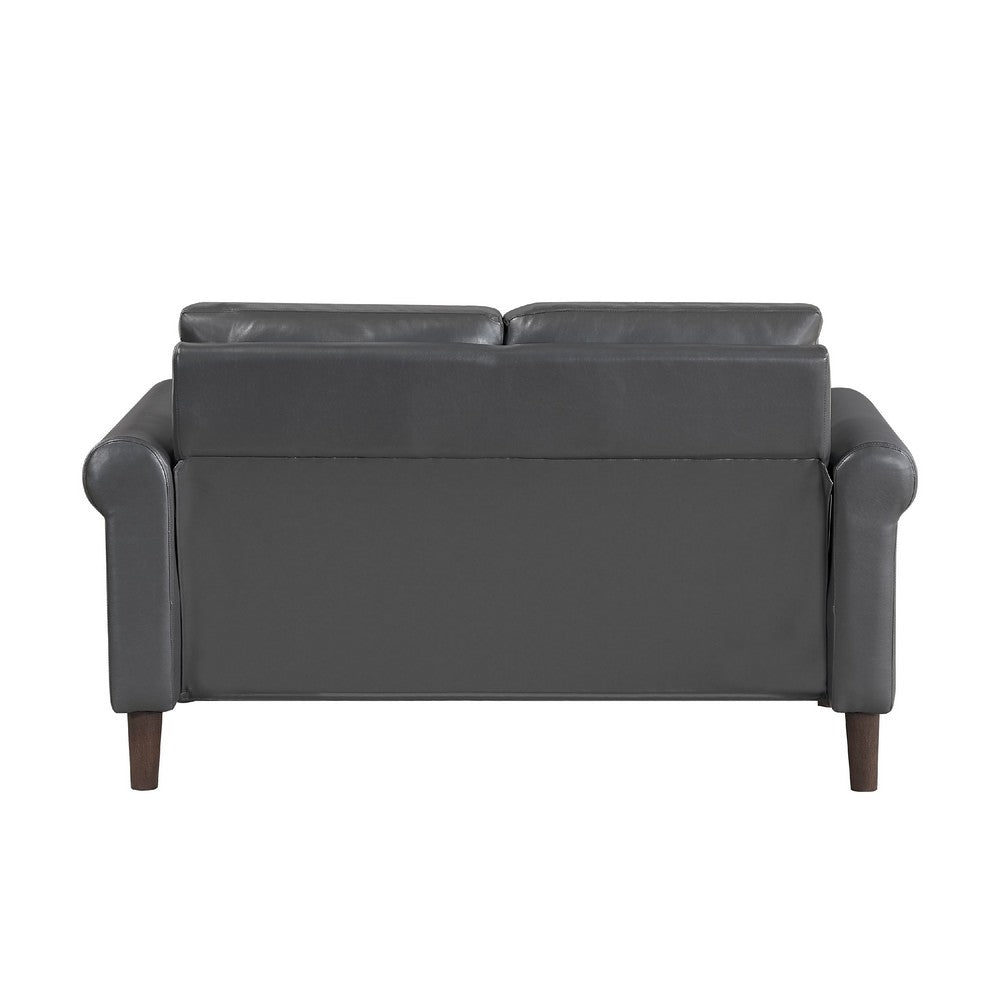 Benjara Lo Loveseat w Rolled Arms, Midcentury Dark Gray Faux Leather 57 Inch