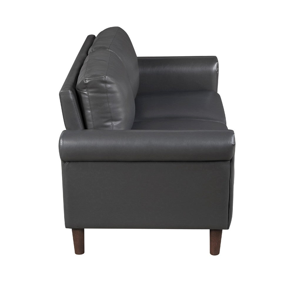 Benjara Lo Loveseat w Rolled Arms, Midcentury Dark Gray Faux Leather 57 Inch