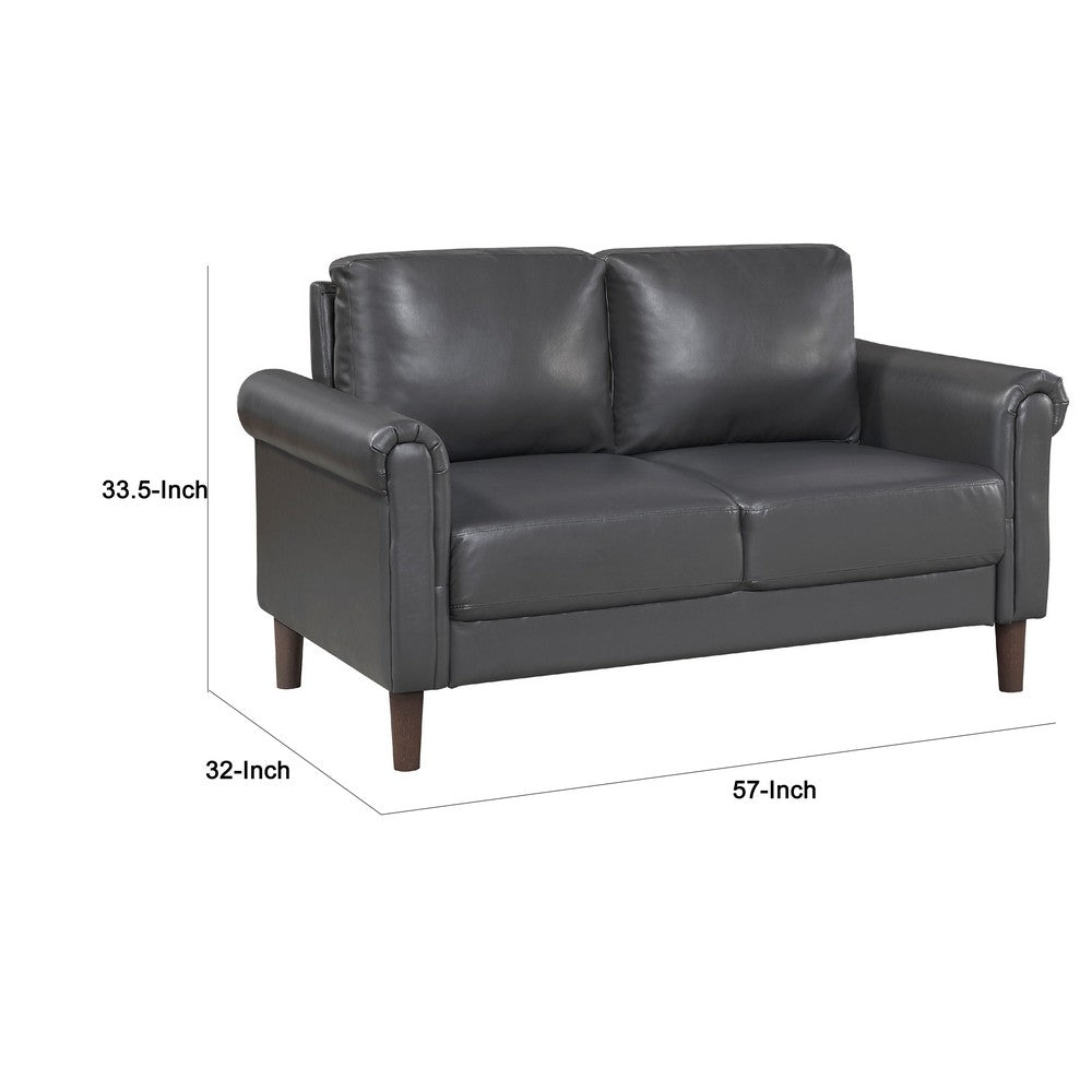 Benjara Lo Loveseat w Rolled Arms, Midcentury Dark Gray Faux Leather 57 Inch