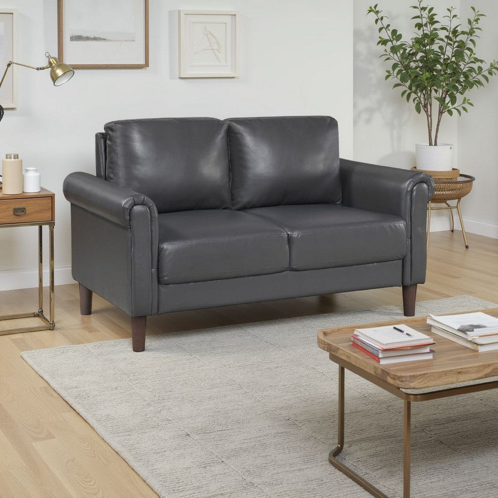 Benjara Lo Loveseat w Rolled Arms, Midcentury Dark Gray Faux Leather 57 Inch