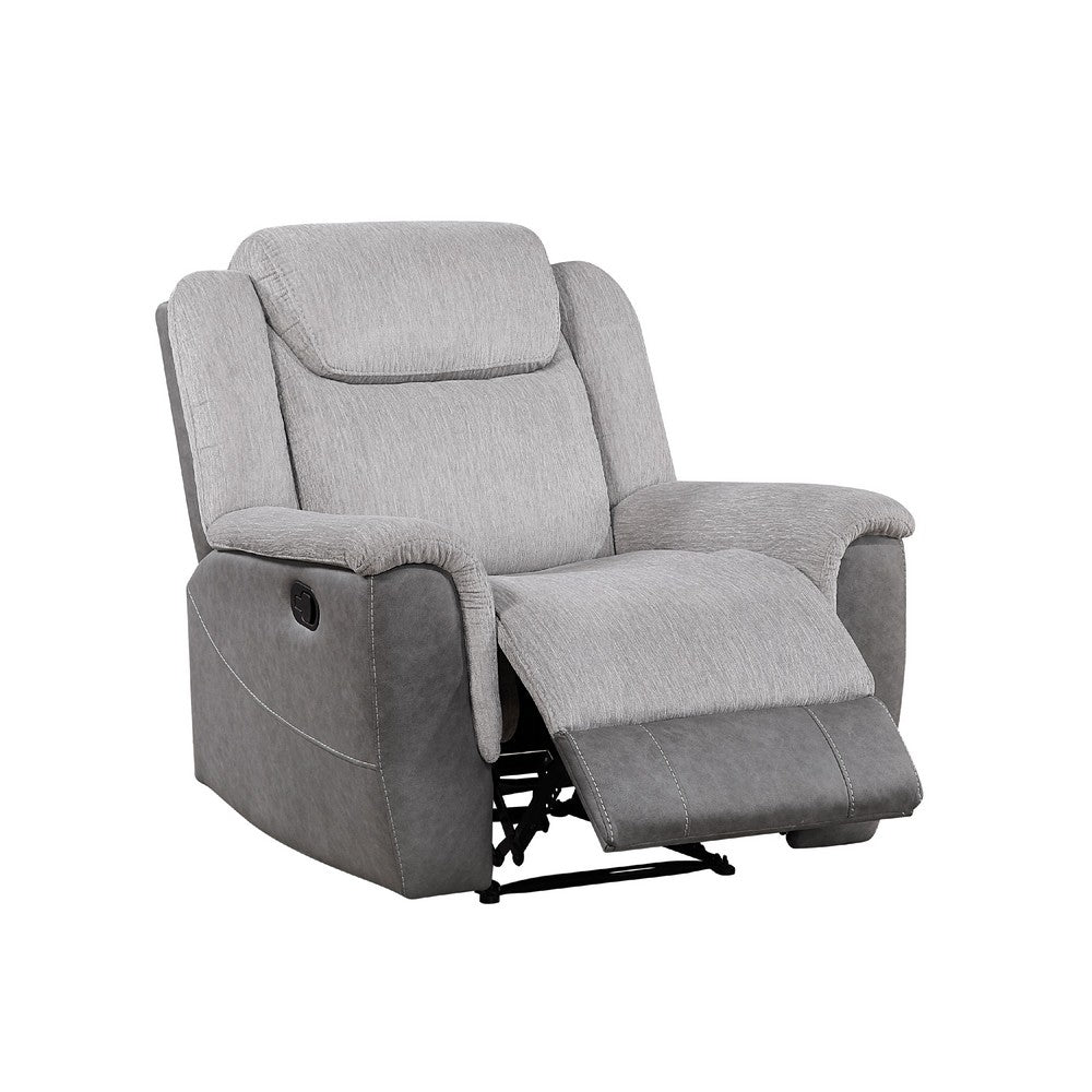 Benjara Feo Manual Reclining Chair with Pull Tab, White Gray Microfiber