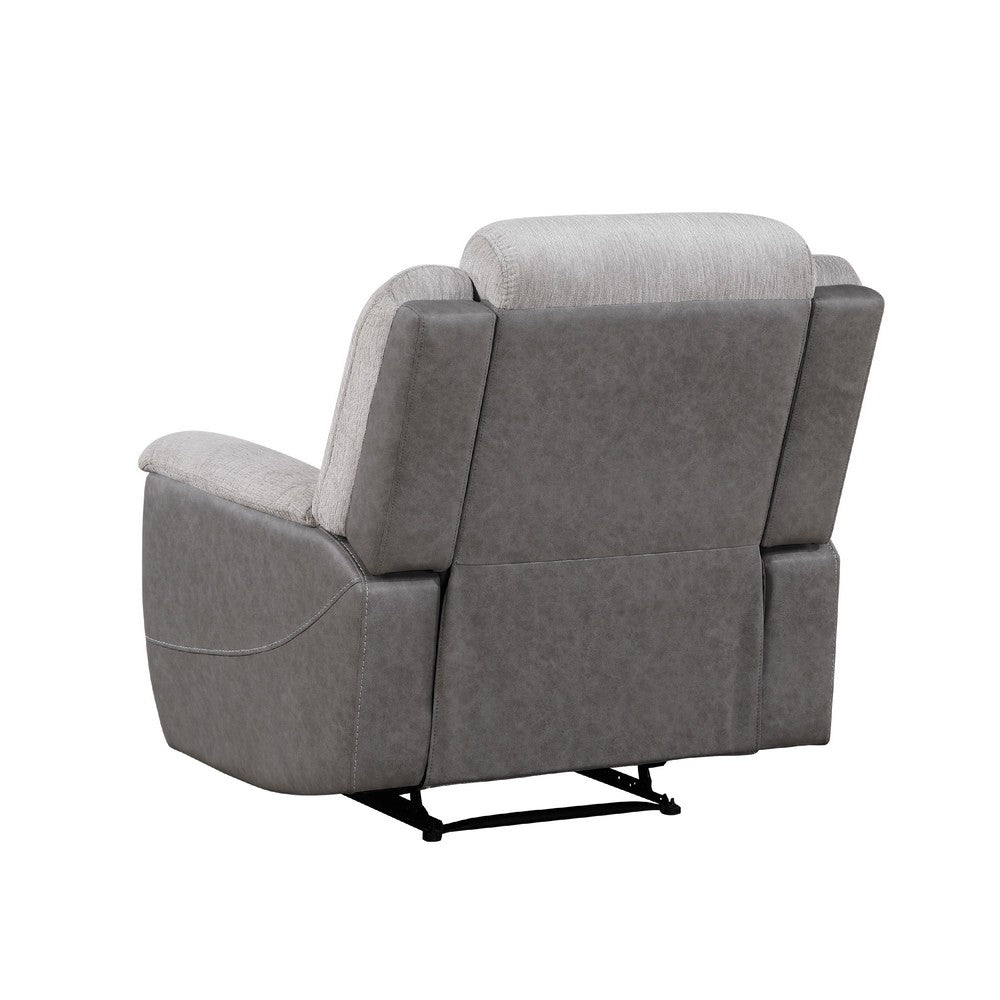 Benjara Feo Manual Reclining Chair with Pull Tab, White Gray Microfiber