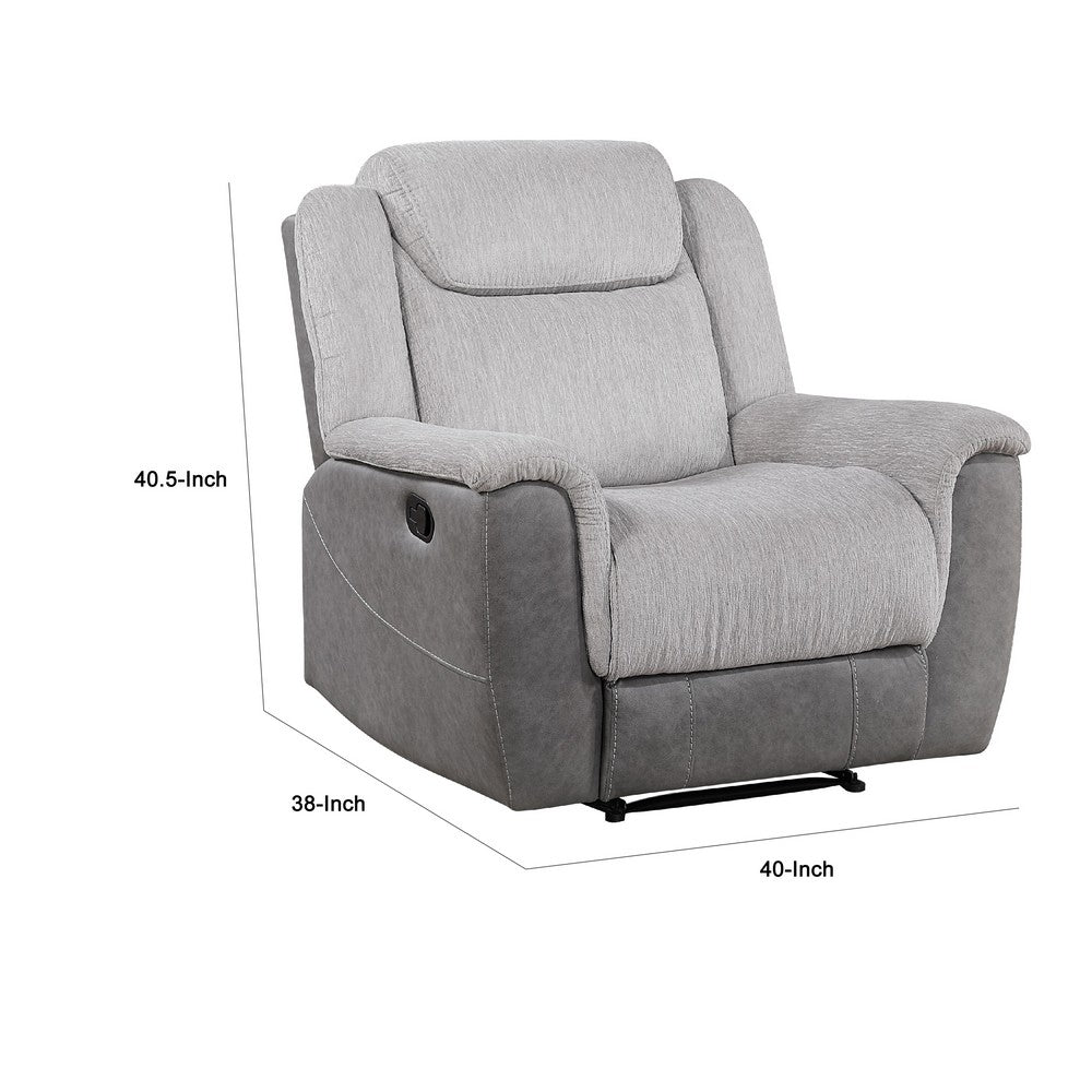 Benjara Feo Manual Reclining Chair with Pull Tab, White Gray Microfiber