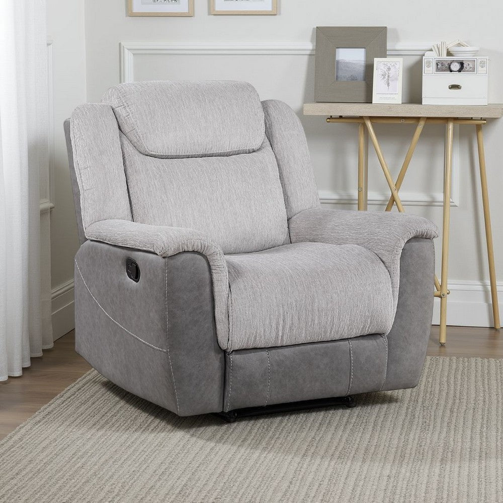 Benjara Feo Manual Reclining Chair with Pull Tab, White Gray Microfiber