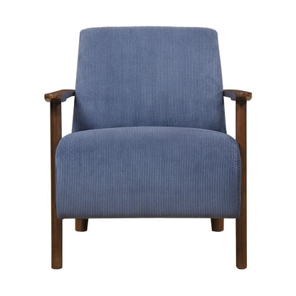 Benjara Bernie Accent Club Chair, Blue Corduroy, Dark Brown Solid Wood Frame