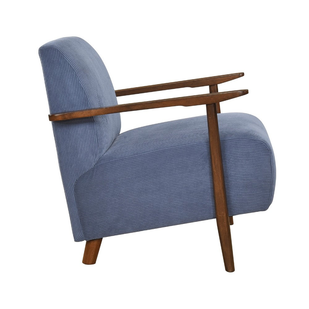 Benjara Bernie Accent Club Chair, Blue Corduroy, Dark Brown Solid Wood Frame