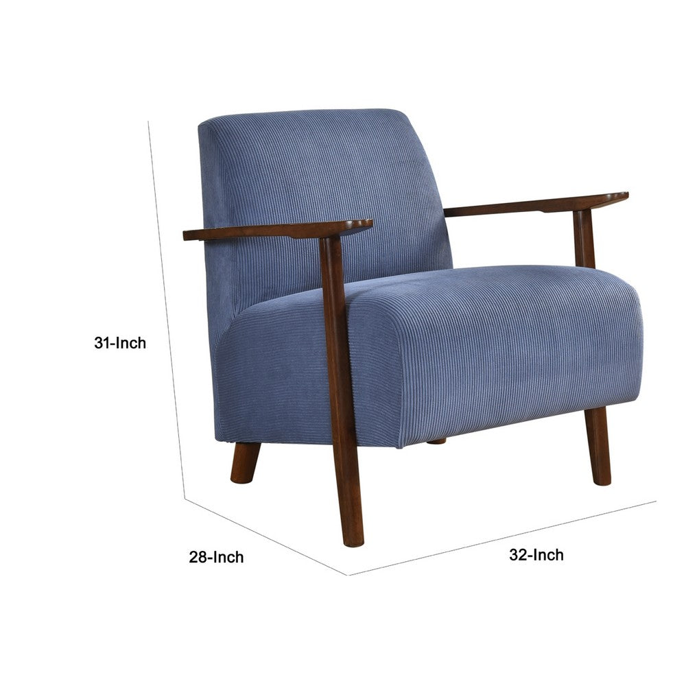 Benjara Bernie Accent Club Chair, Blue Corduroy, Dark Brown Solid Wood Frame