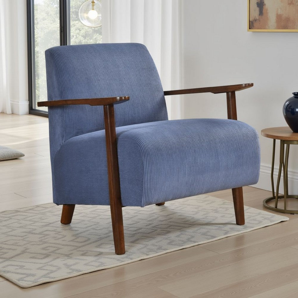 Benjara Bernie Accent Club Chair, Blue Corduroy, Dark Brown Solid Wood Frame