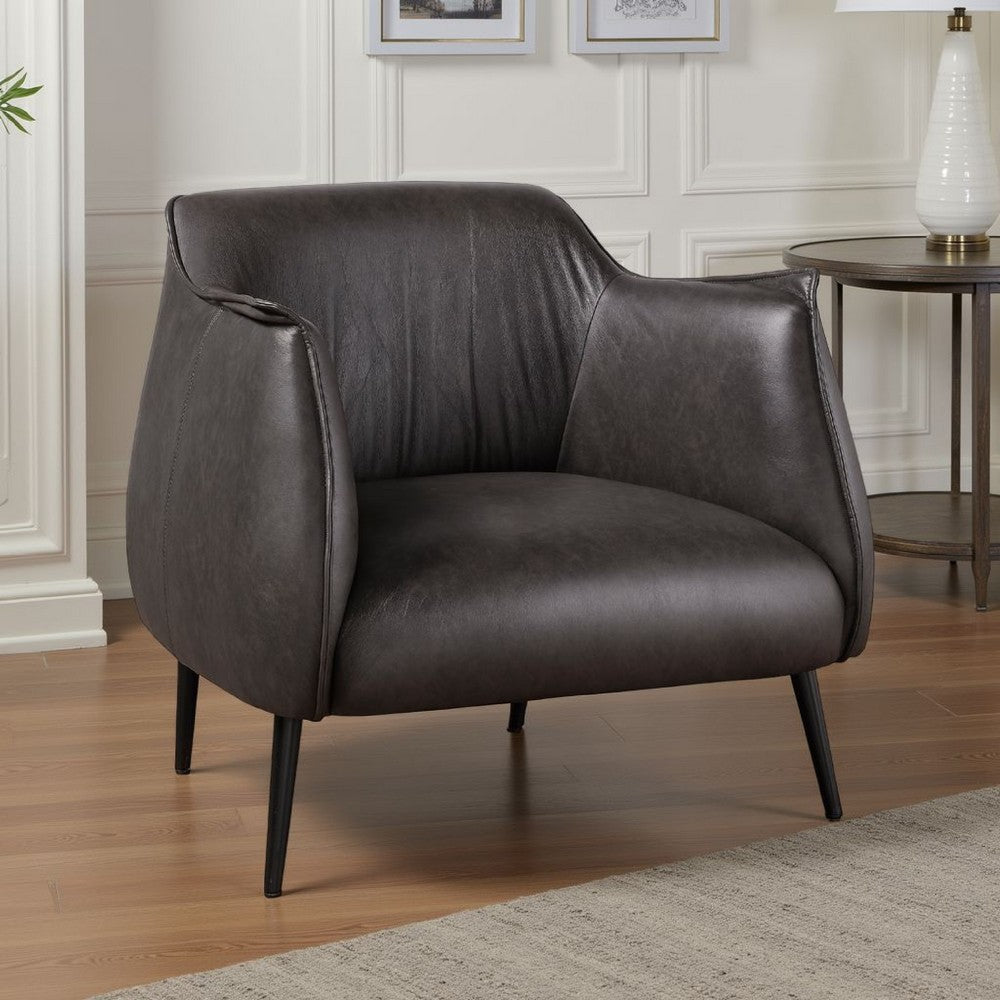 Benjara Leoni Accent Club Chair, Dark Brown Faux Leather, Flared Solid Wood