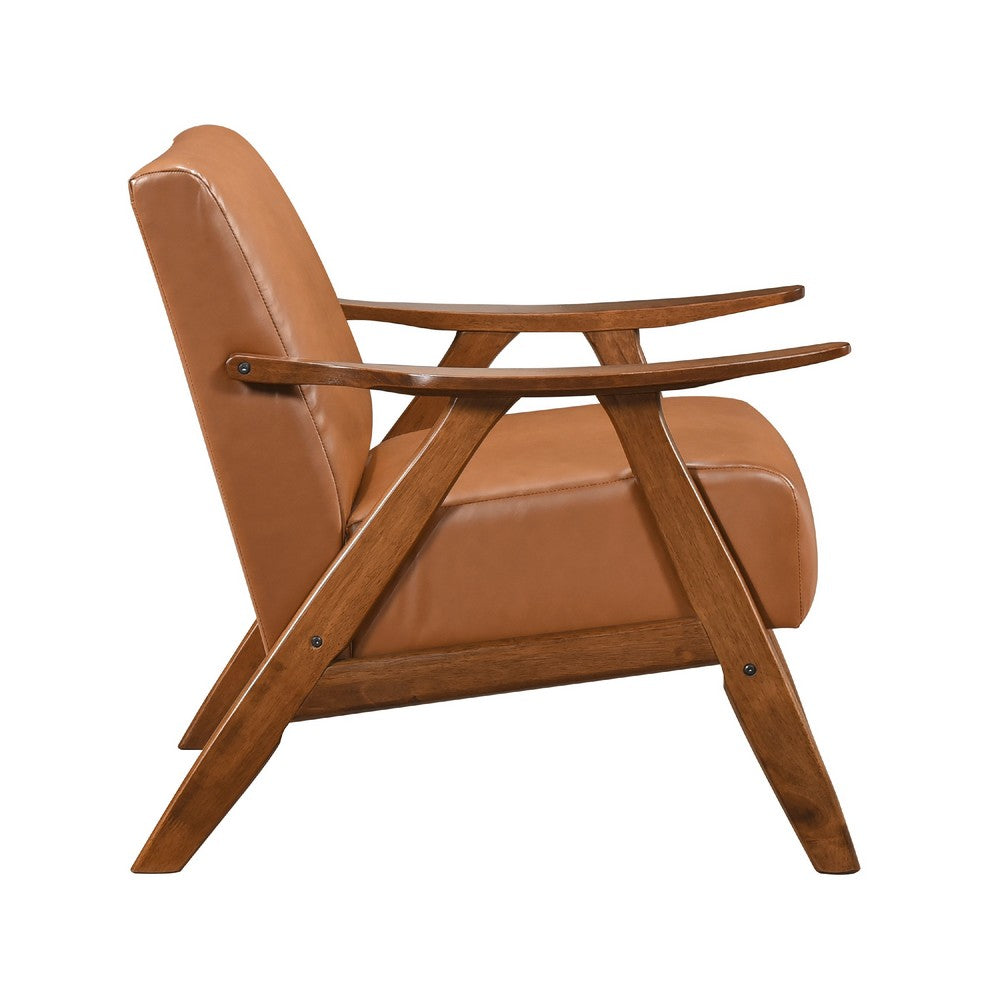Benjara Indy Accent Club Armchair, Matte Brown Faux Leather, Solid Rubberwood