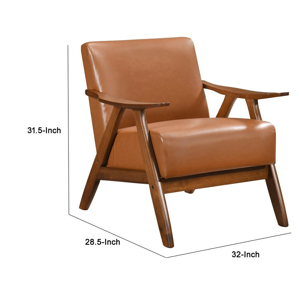Benjara Indy Accent Club Armchair, Matte Brown Faux Leather, Solid Rubberwood