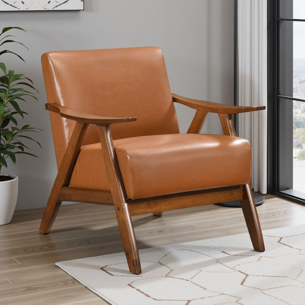 Benjara Indy Accent Club Armchair, Matte Brown Faux Leather, Solid Rubberwood