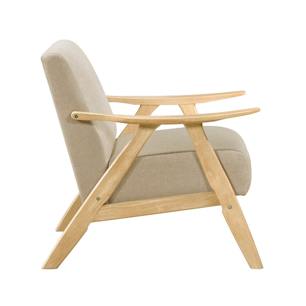 Benjara Indy Accent Club Armchair, Light Brown Textured, Solid Rubberwood