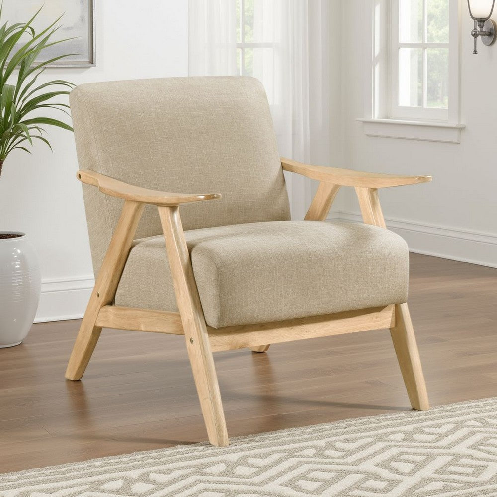 Benjara Indy Accent Club Armchair, Light Brown Textured, Solid Rubberwood