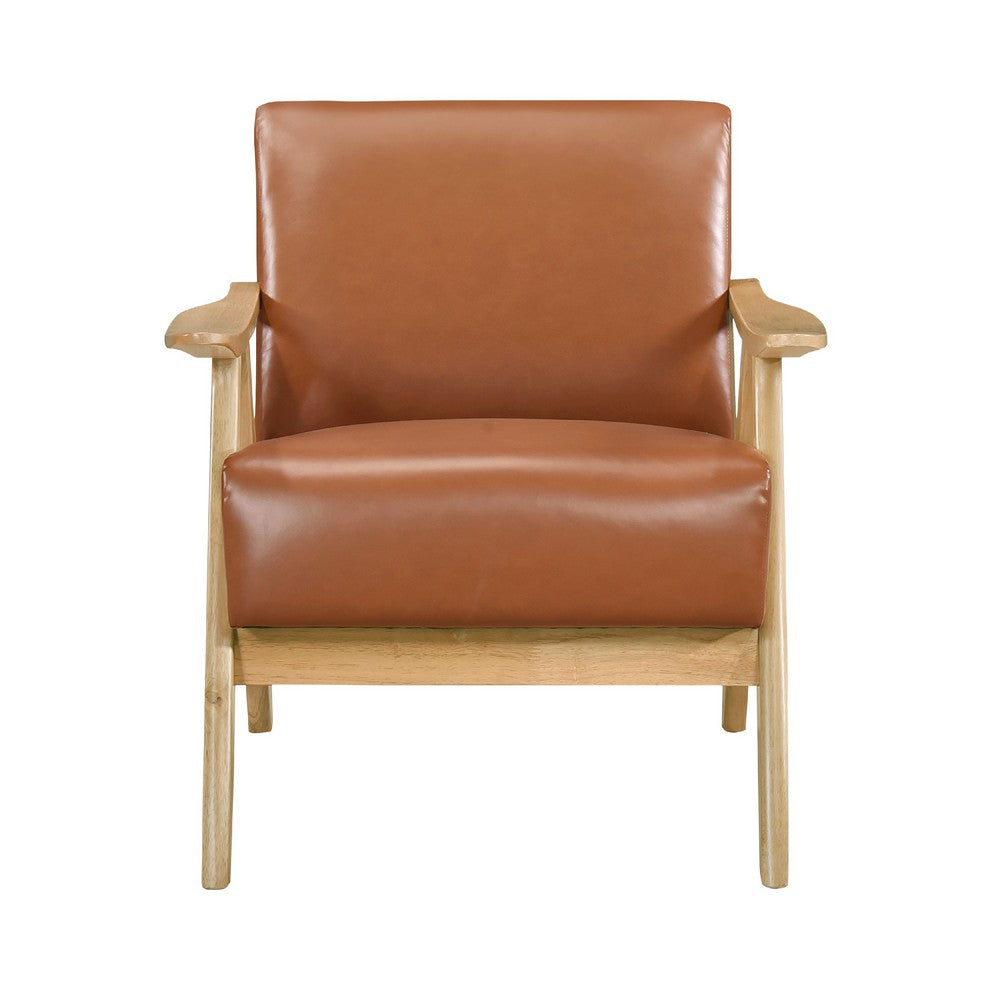 Benjara Indy Accent Club Armchair, Faux Leather, Natural Brown Solid Wood